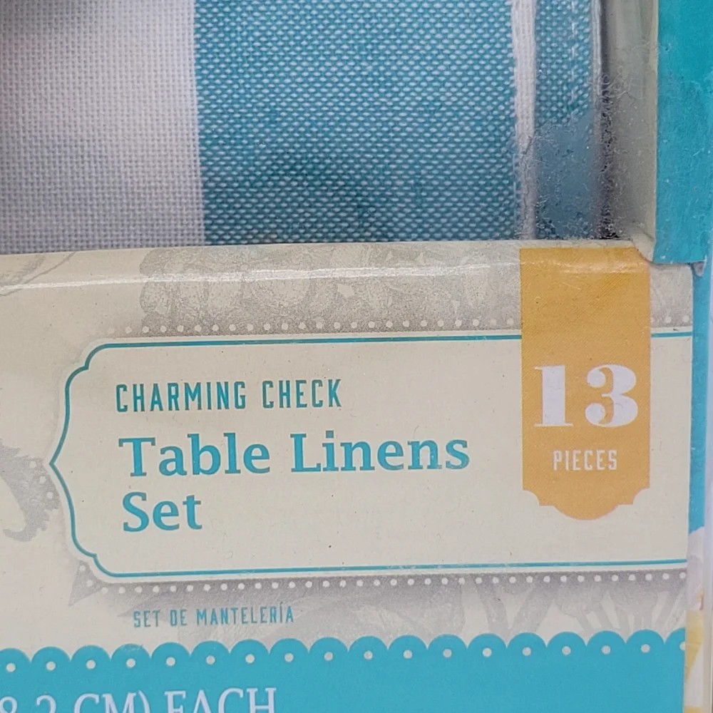 The Pioneer Woman Table Linen Set Teal White Charming Check Tablescape 13pc NEW